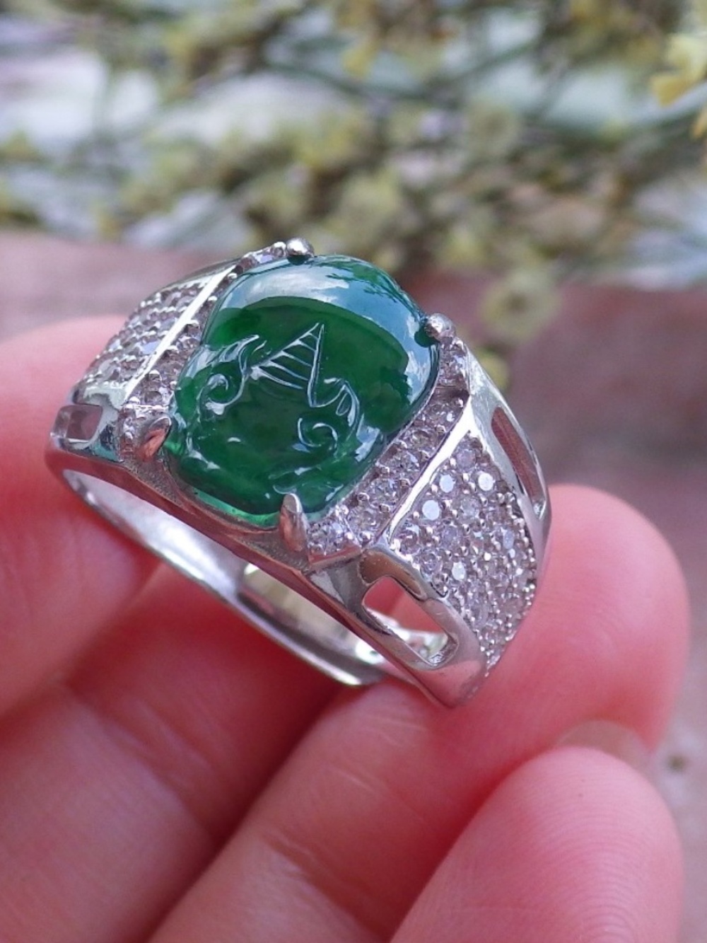 US 9 Certified Silver 925 Natural A JADE Jadeite Cabochon Tiger Adjustable Ring